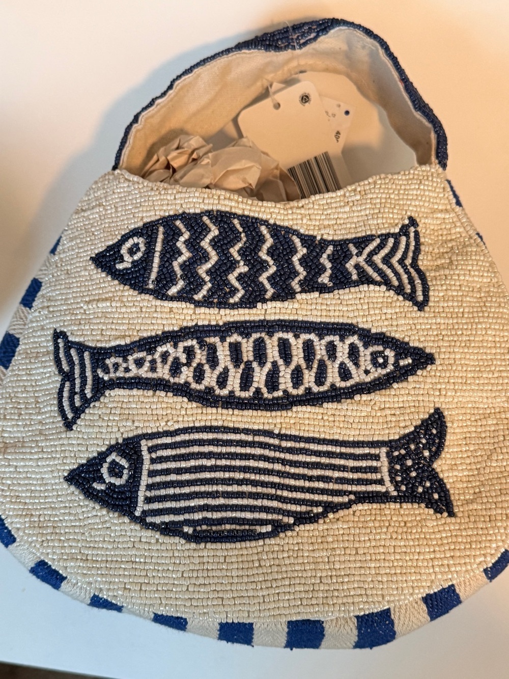 Blue & White Beaded Fish Pattern Accessory Bag